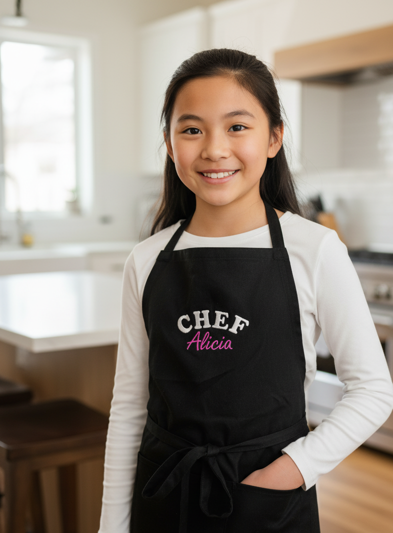 Young girl wearing a black apron with 'CHEF Alicia' embroidered in a kitchen setting