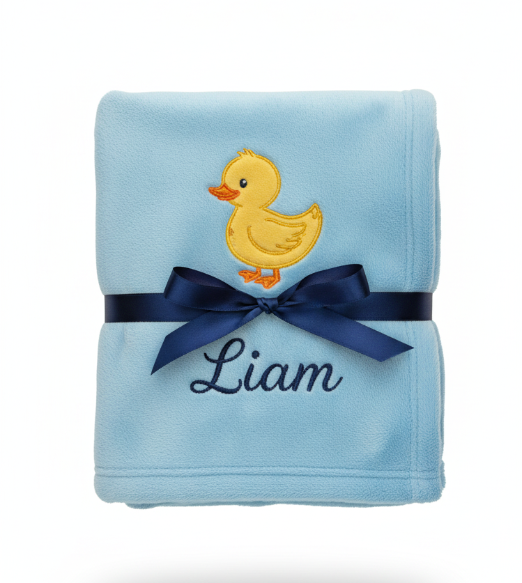 Folded blue blanket with a yellow duck and navy ribbon, and personalized embroidery with 'Liam'.