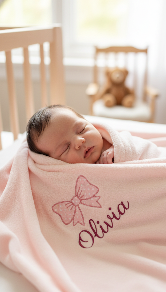 Newborn baby wrapped in a pink blanket with 'Olivia' embroidered, in a softly lit room.