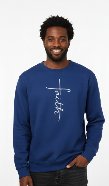 Man wearing a blue sweatshirt with 'faith' embroidered on it in white thread