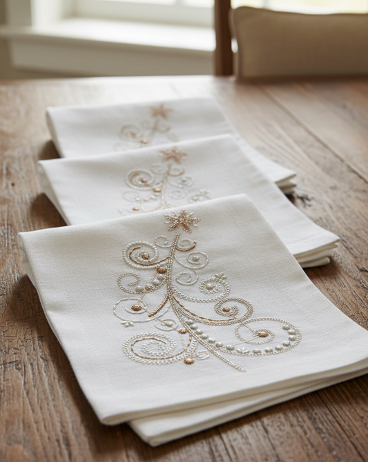 Set of embroidered napkins on a wooden surface