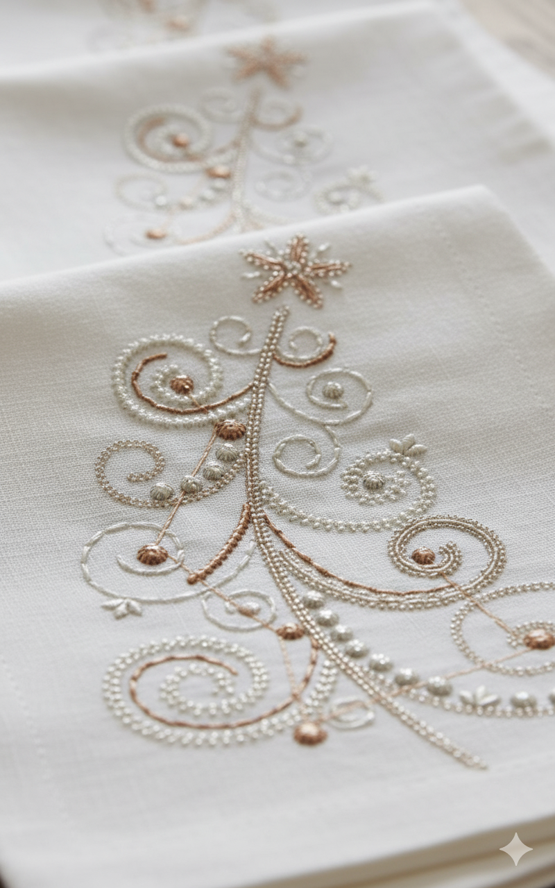 Decorative white napkin with intricate gold and Christmas tree embroidery design 