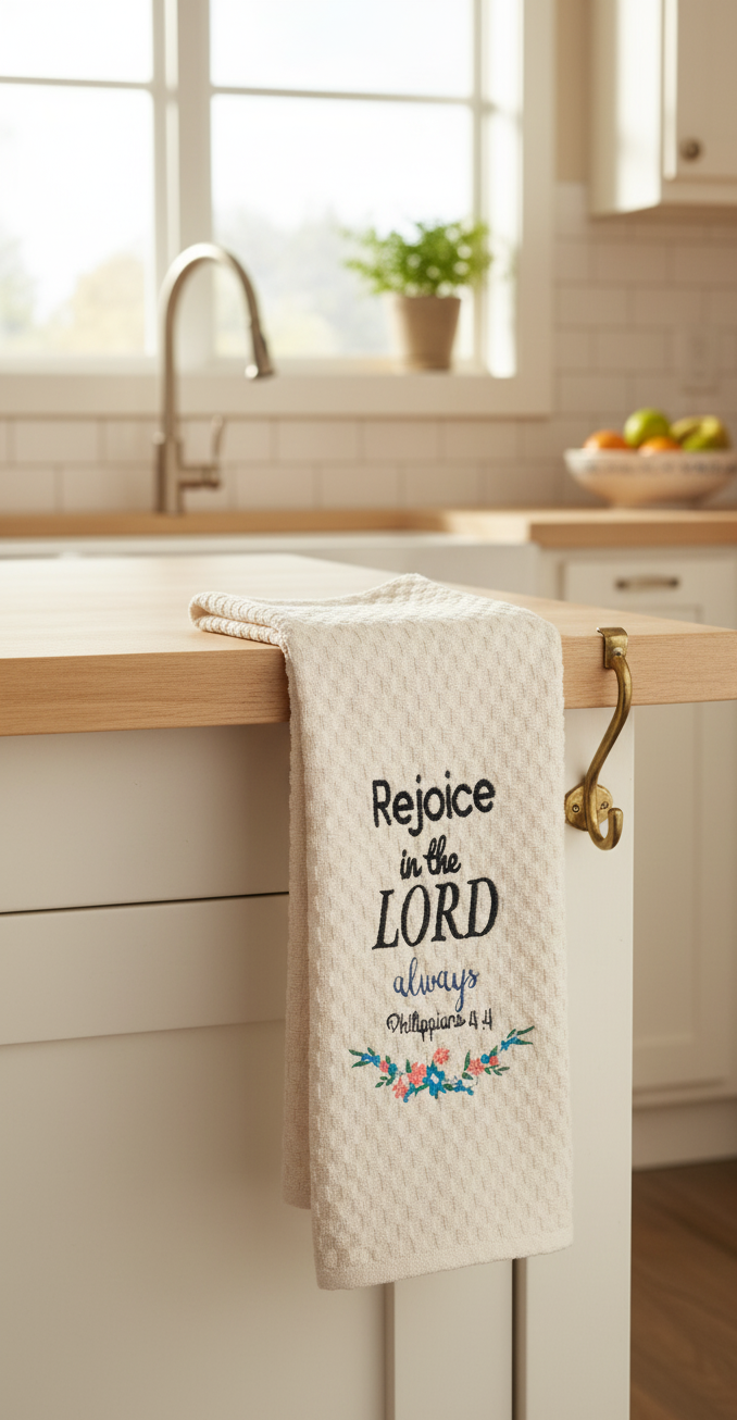 Kitchen towel with 'Rejoice in the Lord' verse embroidered and hanging on a wooden kitchen counter.
