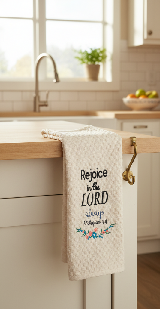 Kitchen towel with 'Rejoice in the Lord' verse embroidered and hanging on a wooden kitchen counter.