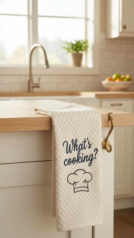 Kitchen towel with 'What's cooking?' text embroidered hanging on a kitchen rack.