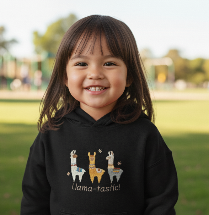 Child wearing a black hoodie with llama designs and 'Llama-tastic!' text embroidered 