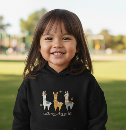 Child wearing a black hoodie with llama designs and 'Llama-tastic!' text embroidered 