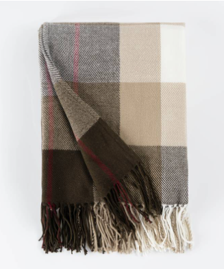 Plaid blanket with brown, beige, and gray colors on a white background