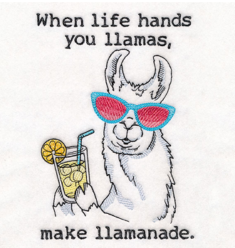 Llama wearing sunglasses and holding a drink with a lemon, with text 'When life hands you llamas, make llamanade.'
