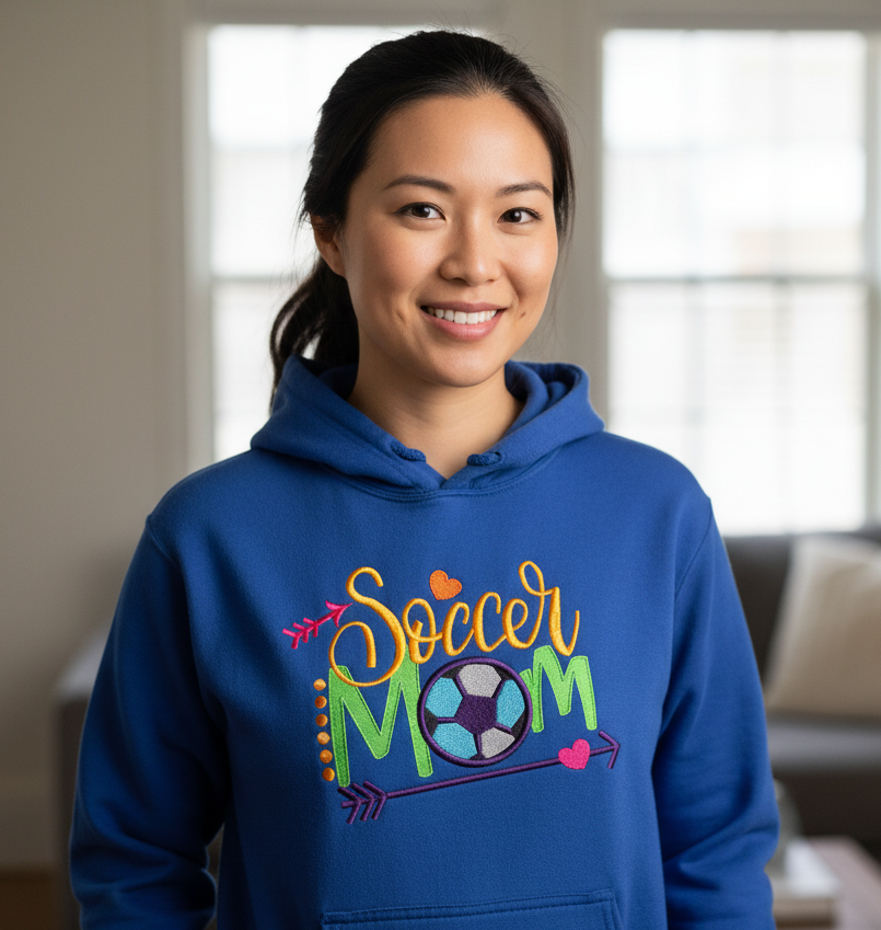 Woman wearing a blue hoodie with 'Soccer Mom' custom embroidered design indoors