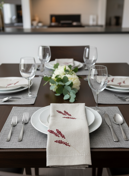 Dining table set with table napkins embroidered with a beautiful sheath design.