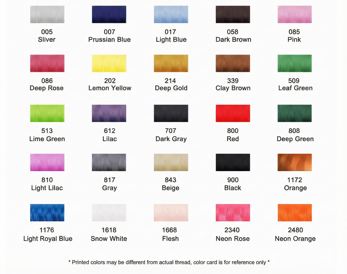 Color swatch chart with various colors and their corresponding codes on a white background.