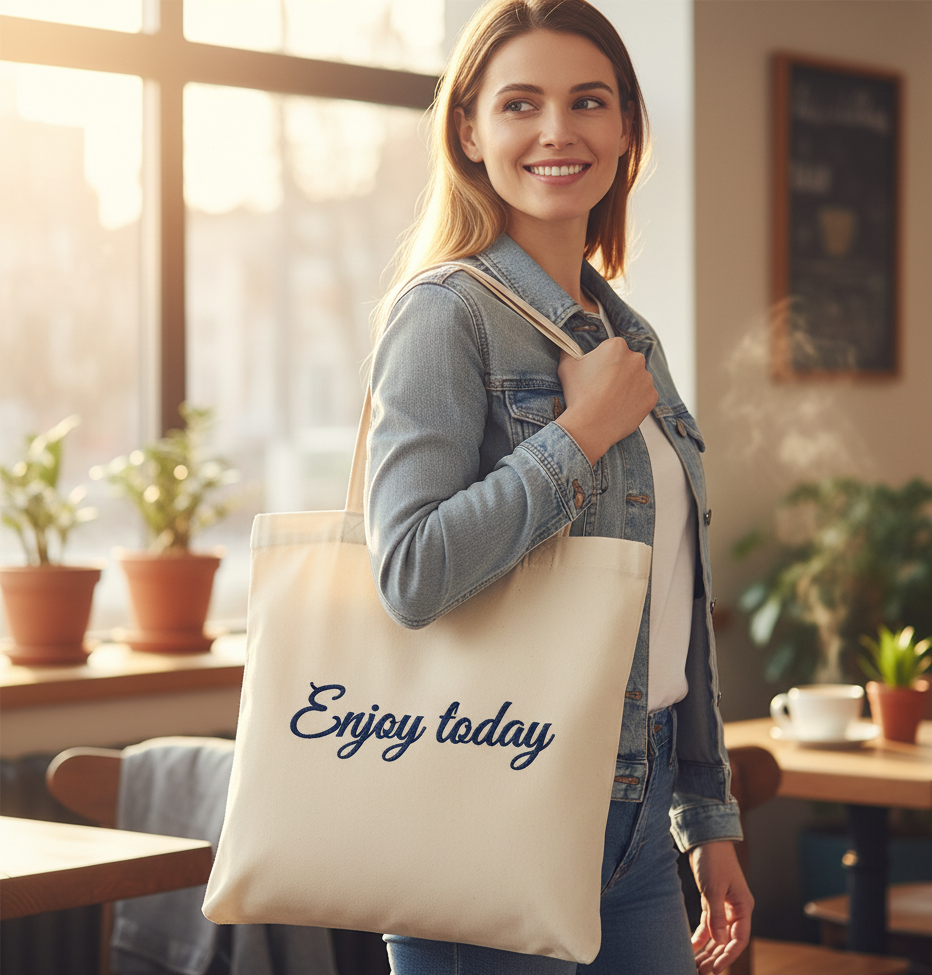 Woman holding a tote bag with 'Enjoy today' text embroidered in a cafe setting