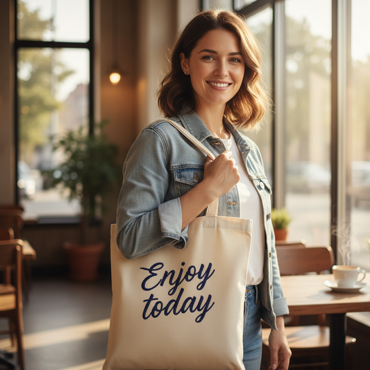 Woman holding a tote bag with 'Enjoy today' embroidered in a cafe setting