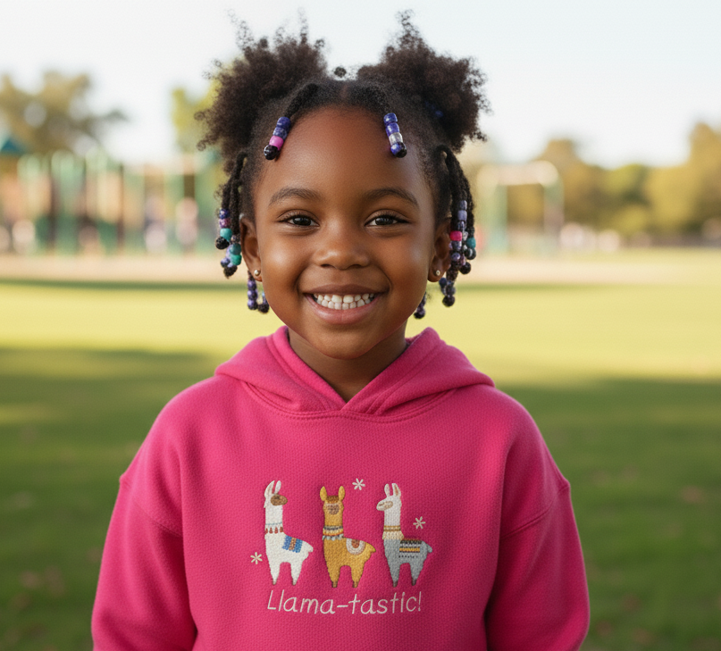 Young girl wearing a pink hoodie with llama designs and 'Llama-tastic!' text, embroidered.